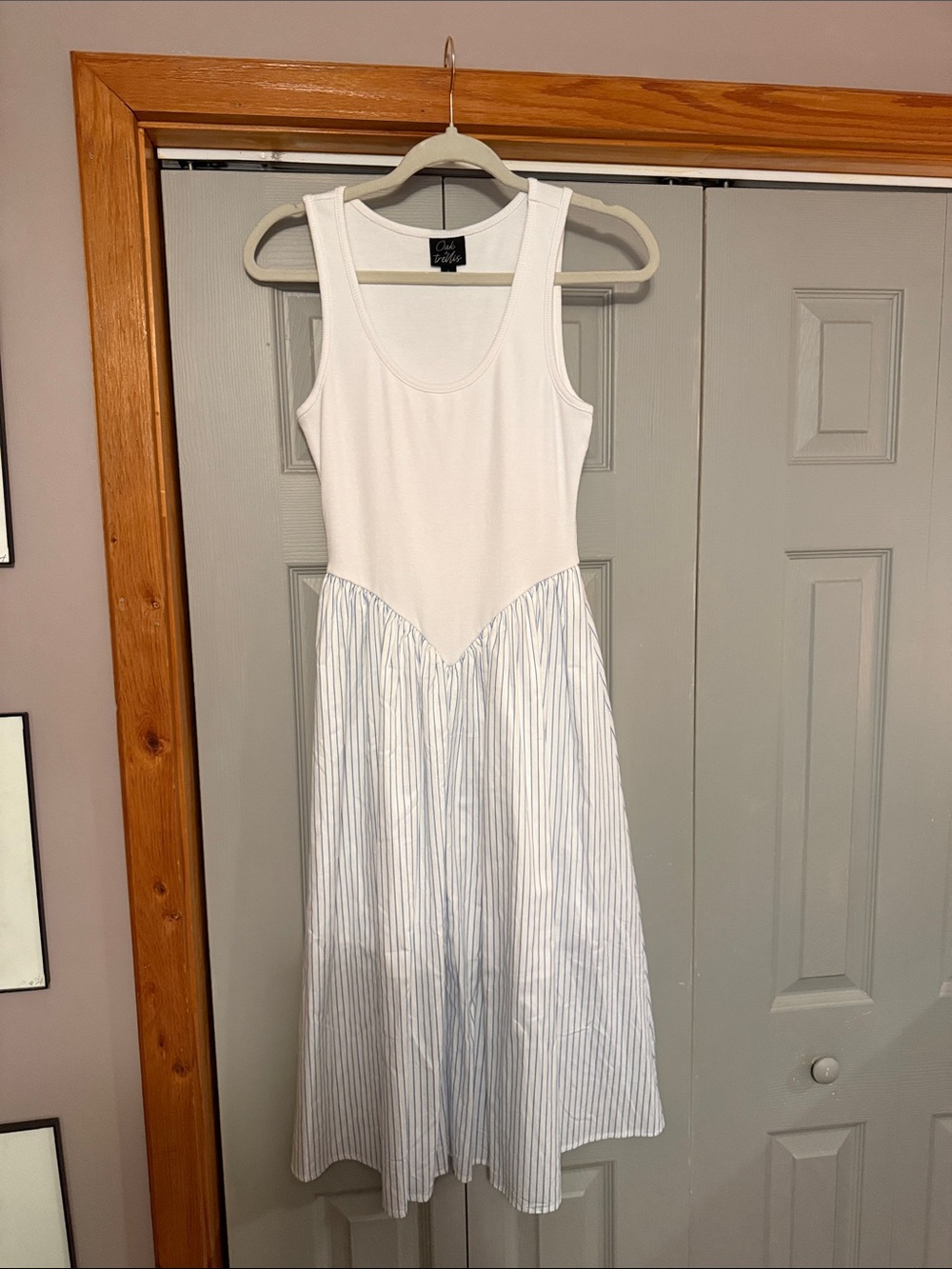Coldwater Creek White Tank Midi Dress with Light Blue Pinstripe Skirt
